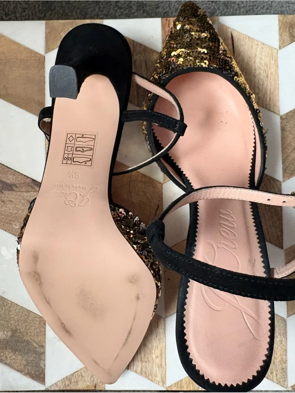 J. Crew Gold Sequin Pointed-Toe Ankle-Strap Heels with Black Trim